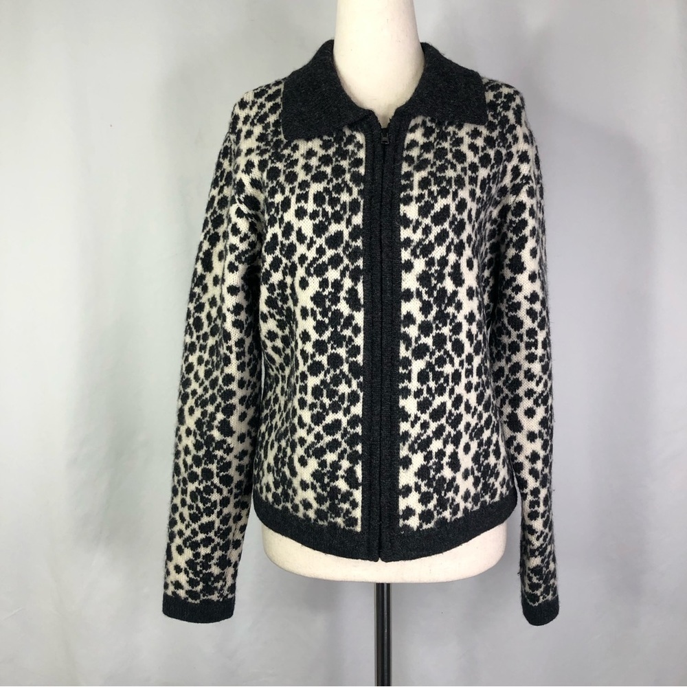 VINTAGE Casual Corner fair isle zip front cardigan wool grey ivory M